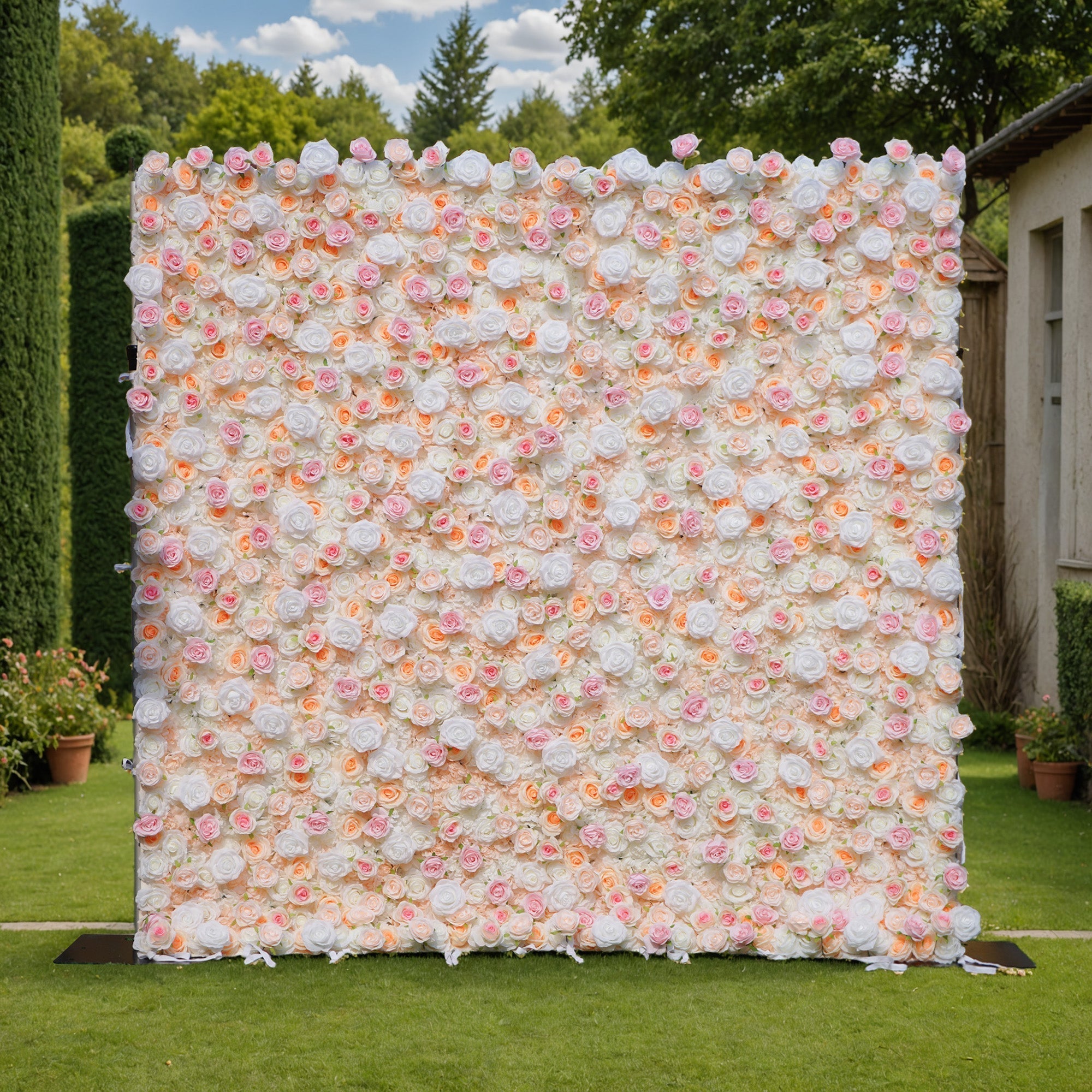 Artificial Floral Backdrop with Mixed Peach Pink and White Roses - Perfect for Garden Weddings and Outdoor Events and Photography - VF - 823