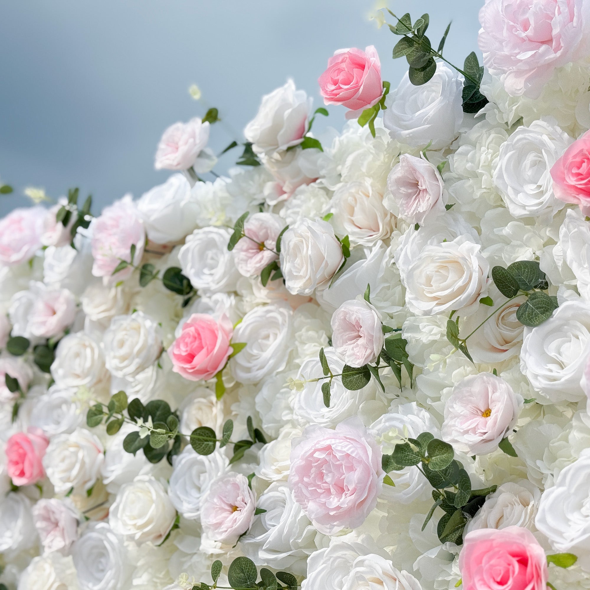 Romantic Pink And White Artificial Rose Backdrop With Eucalyptus - Perfect For Weddings And Proposals and Outdoor Events and Photography - VF - 824