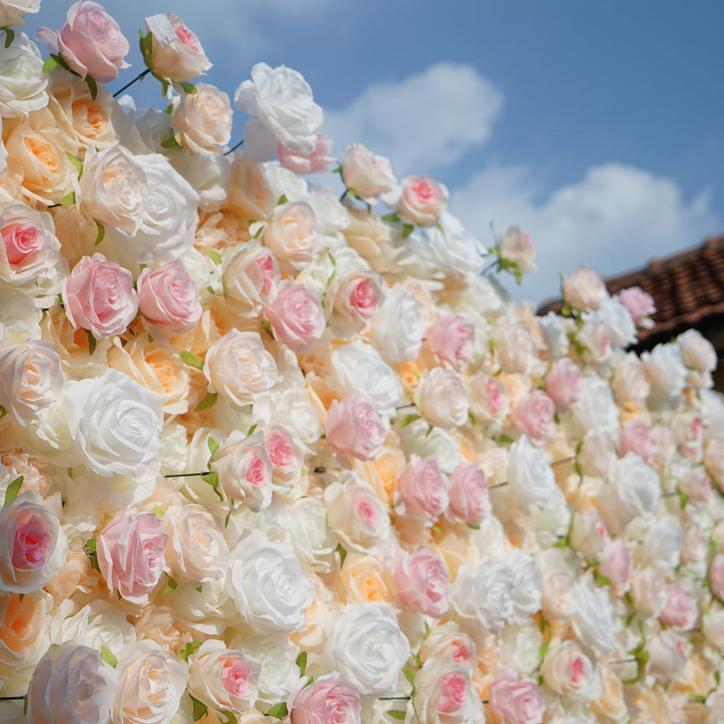 Artificial Floral Backdrop with Mixed Peach Pink and White Roses - Perfect for Garden Weddings and Outdoor Events and Photography - VF - 823