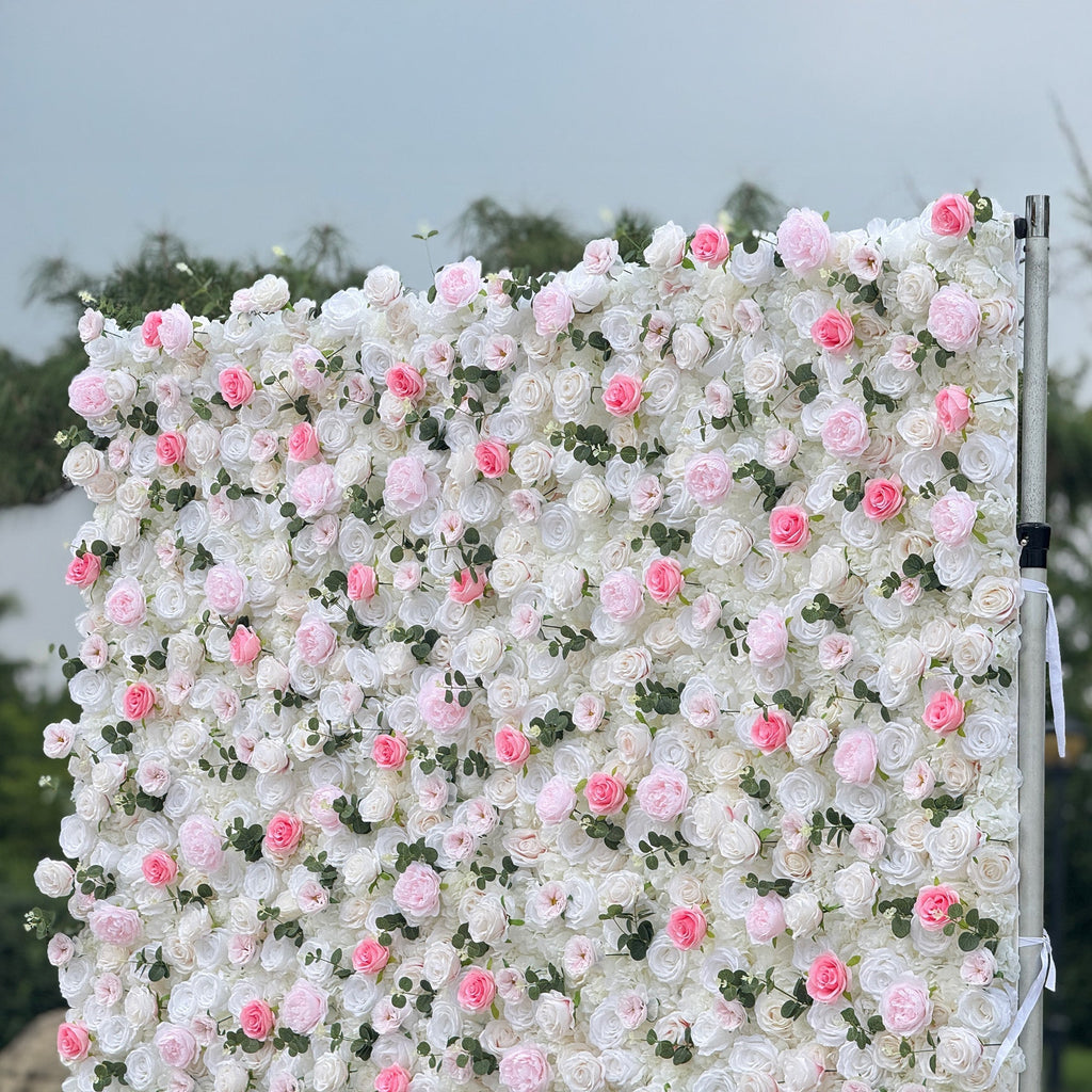 Romantic Pink And White Artificial Rose Backdrop With Eucalyptus - Perfect For Weddings And Proposals and Outdoor Events and Photography - VF - 824