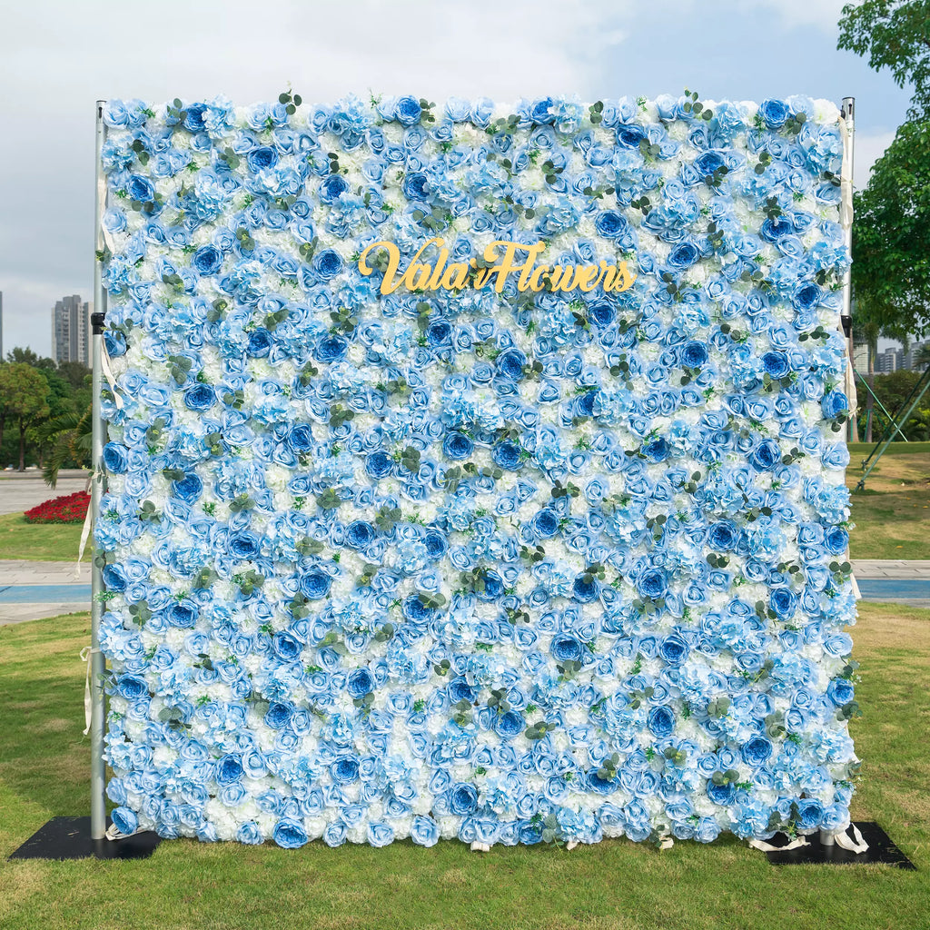 ValarFlowers Azure Adoration: An Enchanting Ballet of Mixed Baby Blue and White Green Flower Blooms and Whispering Waves Floral Wall- VF-067