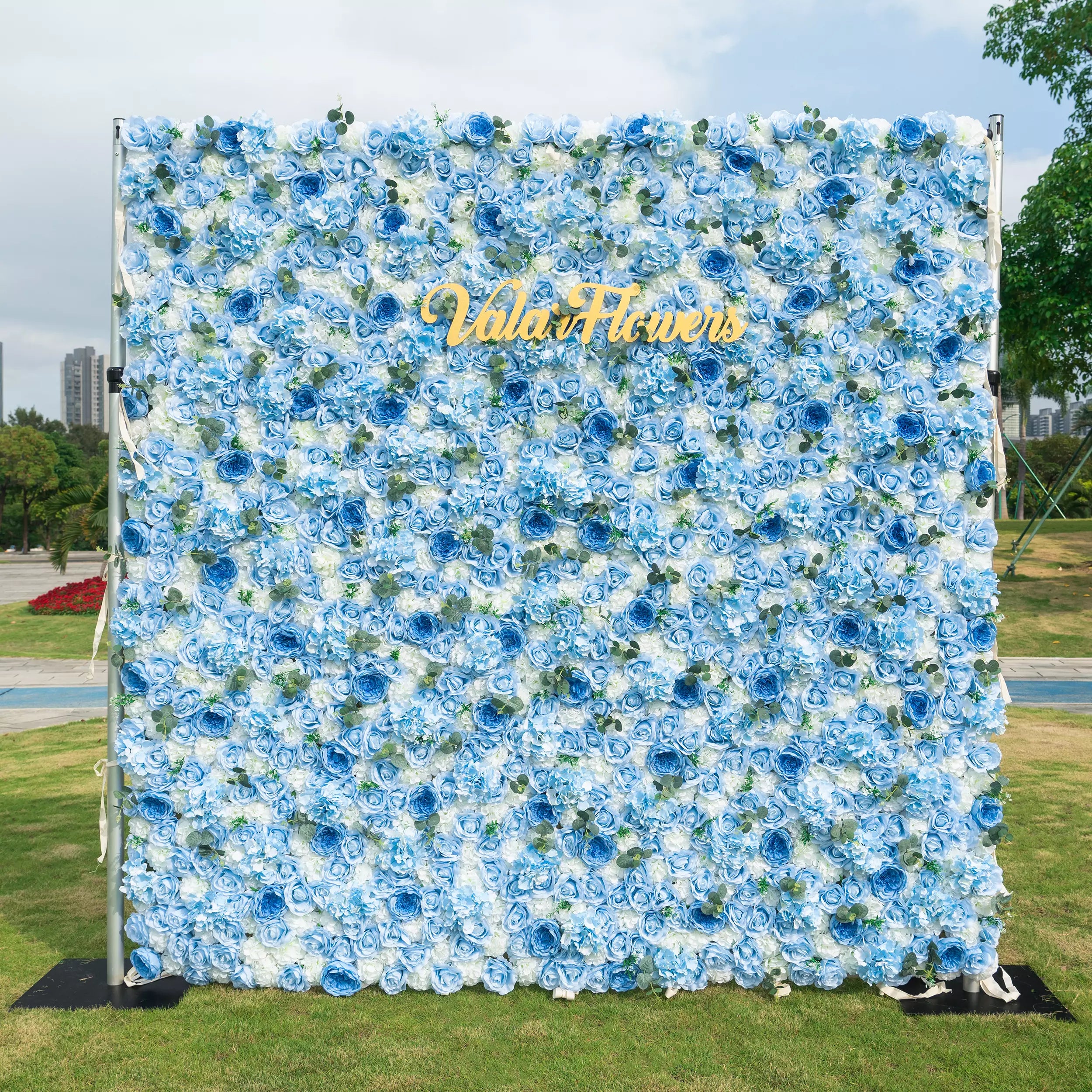 ValarFlowers Azure Adoration: An Enchanting Ballet of Mixed Baby Blue and White Green Flower Blooms and Whispering Waves Floral Wall- VF-067