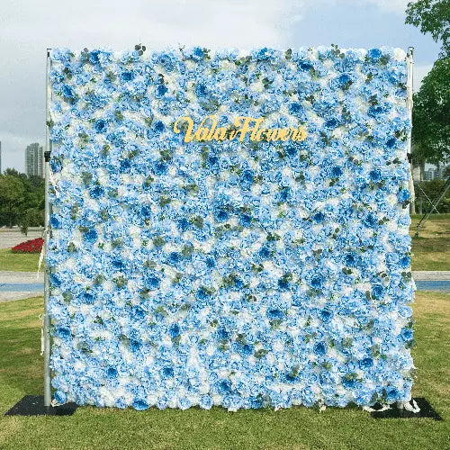 ValarFlowers Azure Adoration: An Enchanting Ballet of Mixed Baby Blue and White Green Flower Blooms and Whispering Waves Floral Wall- VF-067