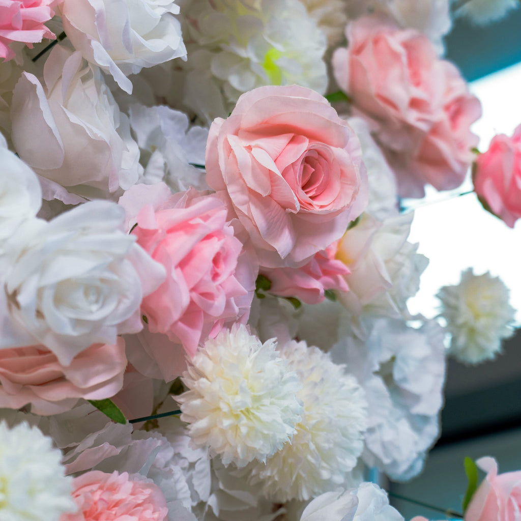 Valar Flowers' Exquisite Flower Wall: A Blend of Elegance and Durability with Soft Pink and White Artificial Blooms. Ideal for Weddings and Events. Easy Setup-VF-409