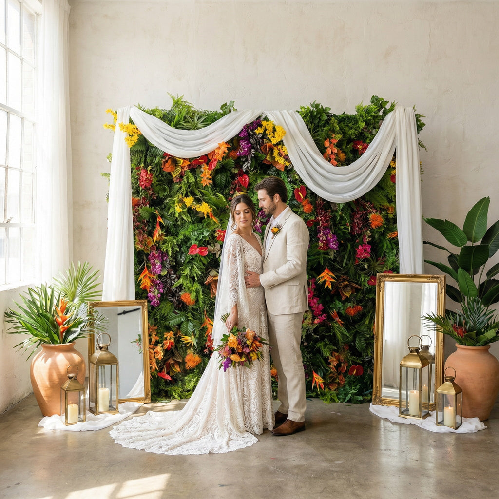 Valar Flowers Tropical Rainforest Mixed-Bloom Flower Wall Backdrop: Lush Exotic Floral & Foliage Display - VF-835