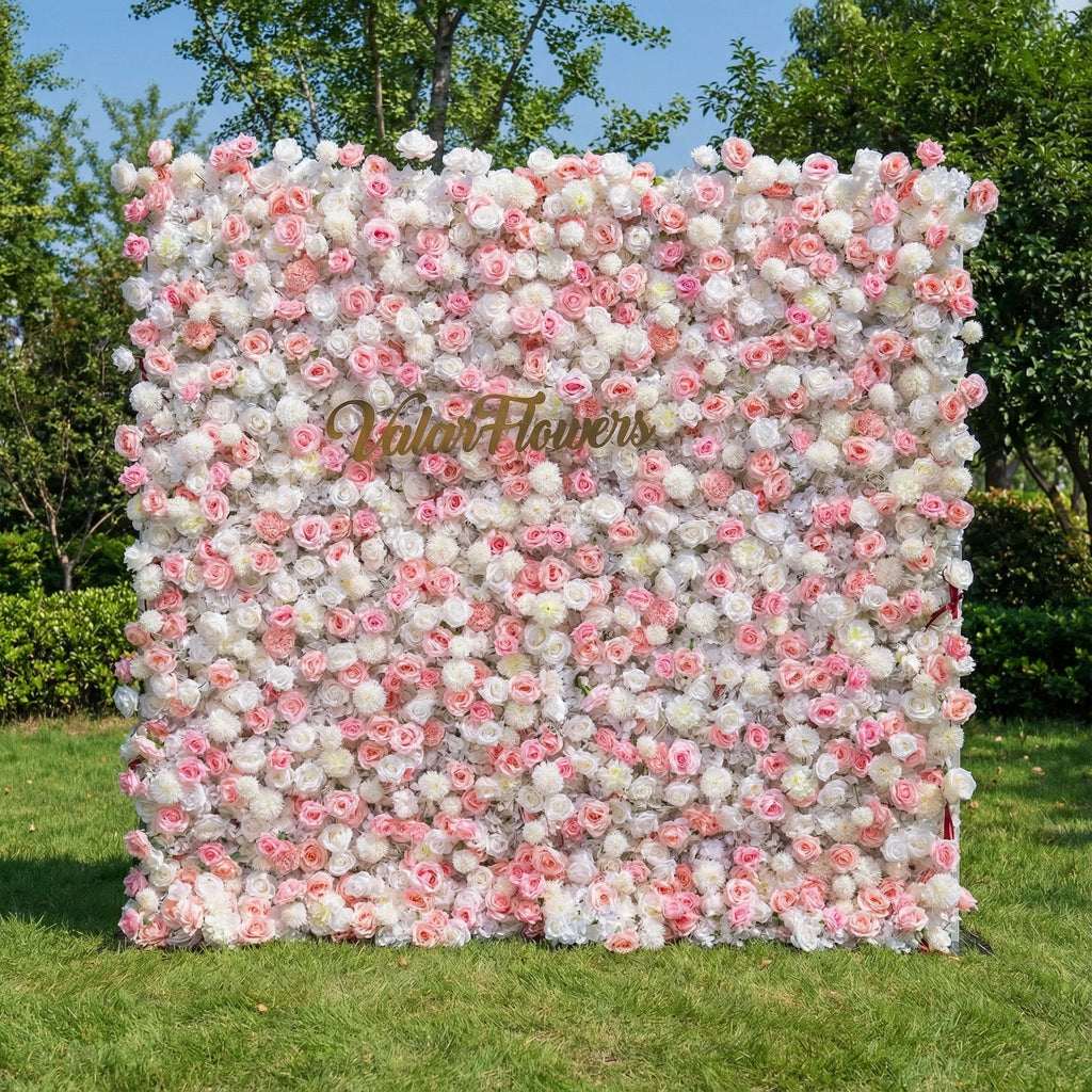 Valar Flowers' Exquisite Flower Wall: A Blend of Elegance and Durability with Soft Pink and White Artificial Blooms. Ideal for Weddings and Events. Easy Setup-VF-409