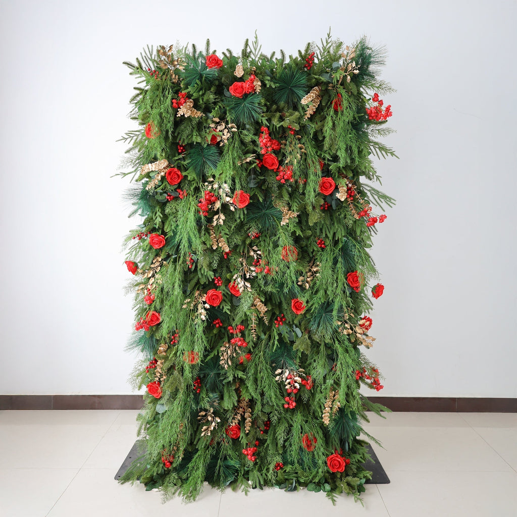 ValarFlowers Christmas Themed Floral Wall Backdrop: Festive Evergreen & Red Rose Masterpiece for Holiday Events & Decor-VF-491-2
