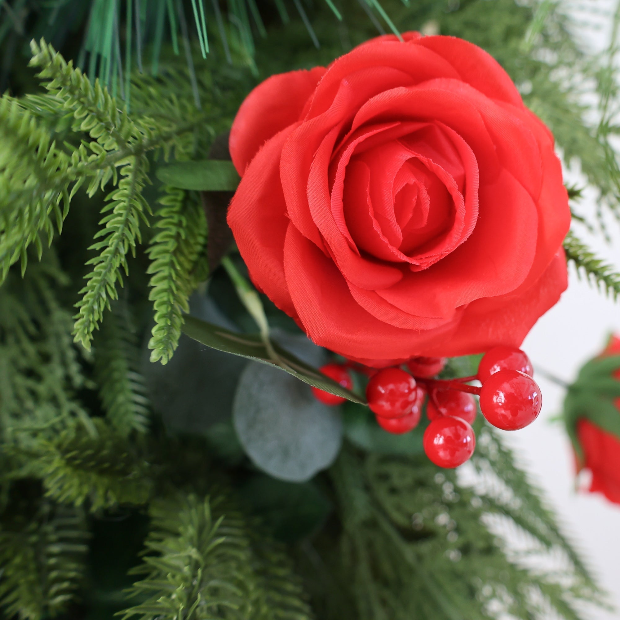 ValarFlowers Christmas Themed Floral Wall Backdrop: Festive Evergreen & Red Rose Masterpiece for Holiday Events & Decor-VF-491-2