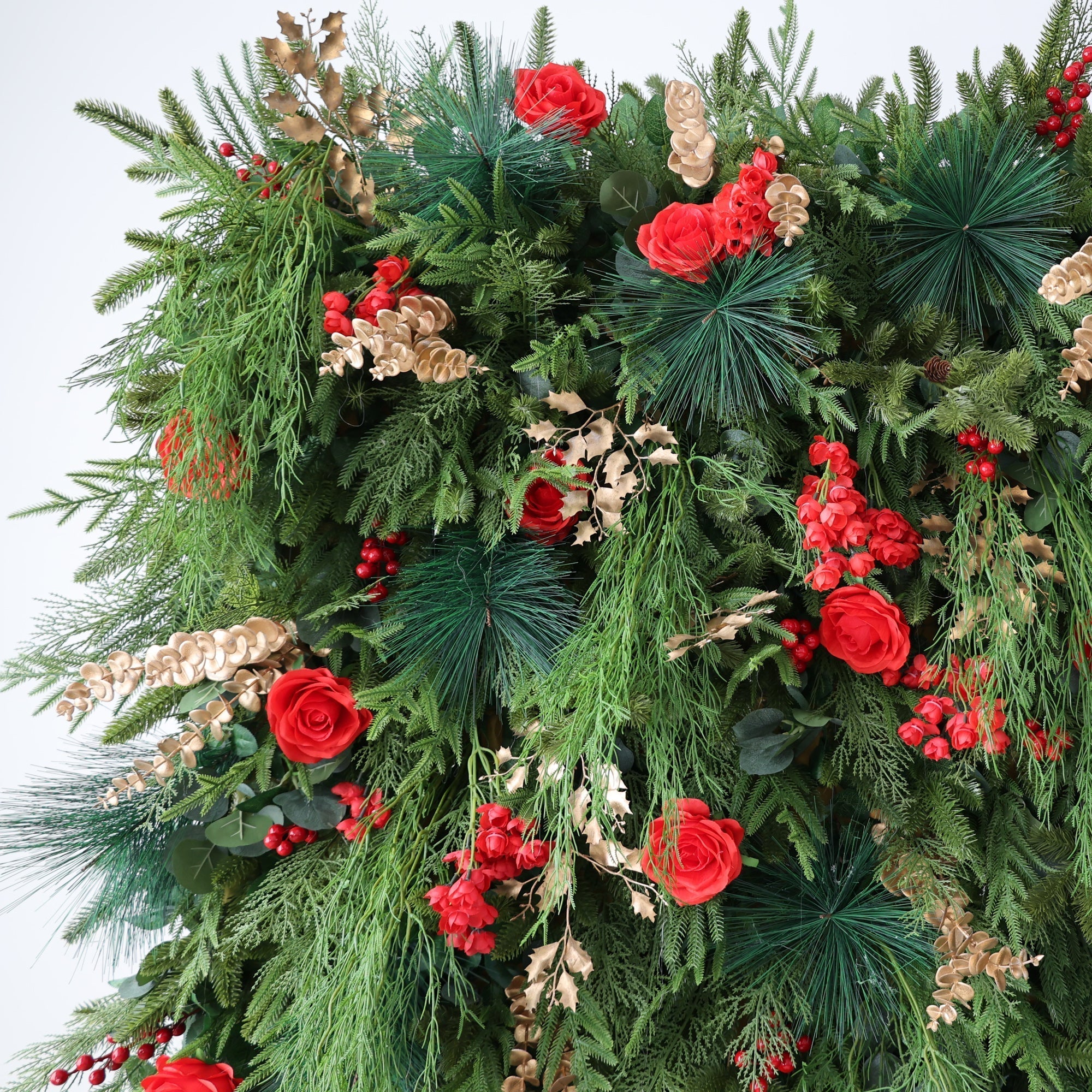 ValarFlowers Christmas Themed Floral Wall Backdrop: Festive Evergreen & Red Rose Masterpiece for Holiday Events & Decor-VF-491-2