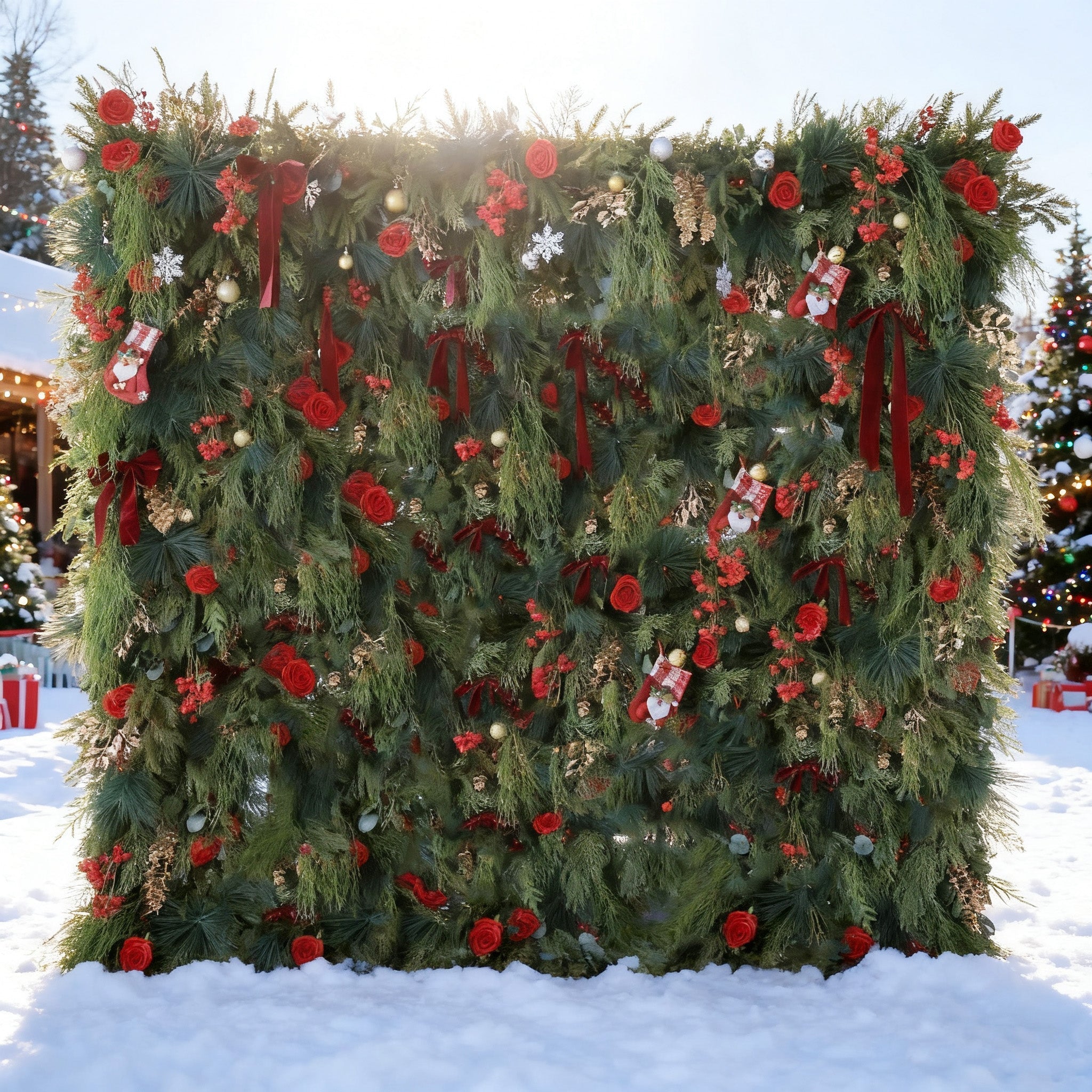 ValarFlowers Christmas Themed Floral Wall Backdrop: Festive Evergreen & Red Rose Masterpiece for Holiday Events & Decor-VF-491-2