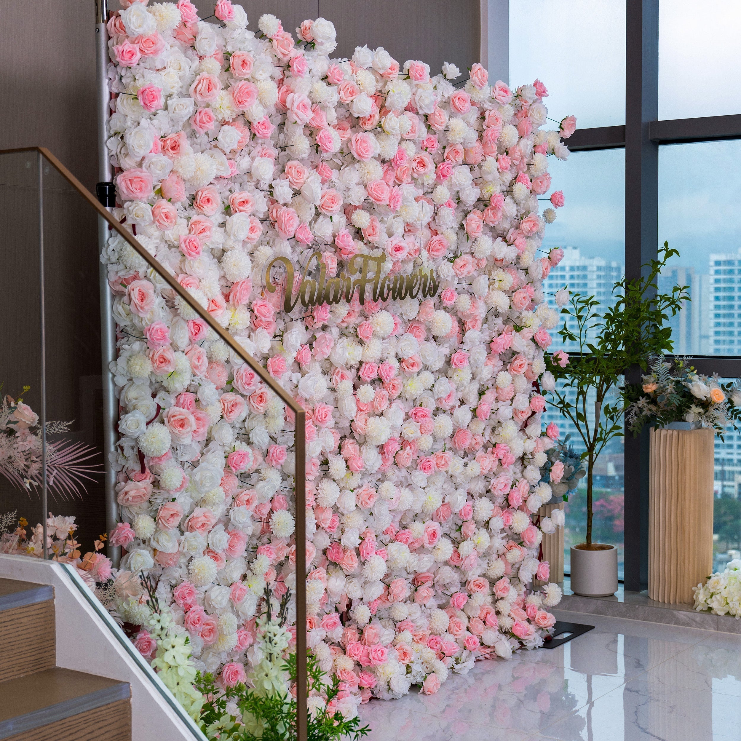 Valar Flowers' Exquisite Flower Wall: A Blend of Elegance and Durability with Soft Pink and White Artificial Blooms. Ideal for Weddings and Events. Easy Setup-VF-409