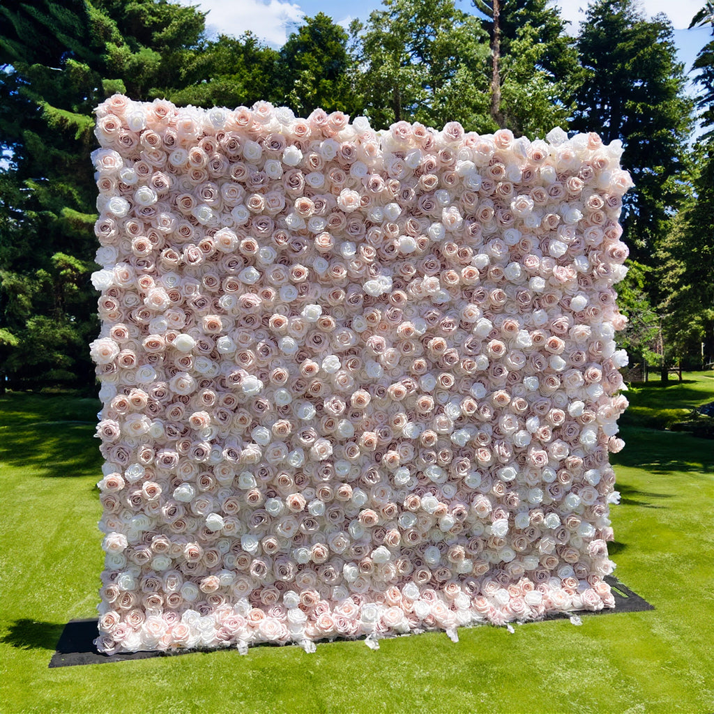 Elegant White & Light Pink Flower Wall Backdrop - Roll-Up Fabric Wall - Bridal Party Decor - Wedding Venues Celebration Floral Wall-VF-600
