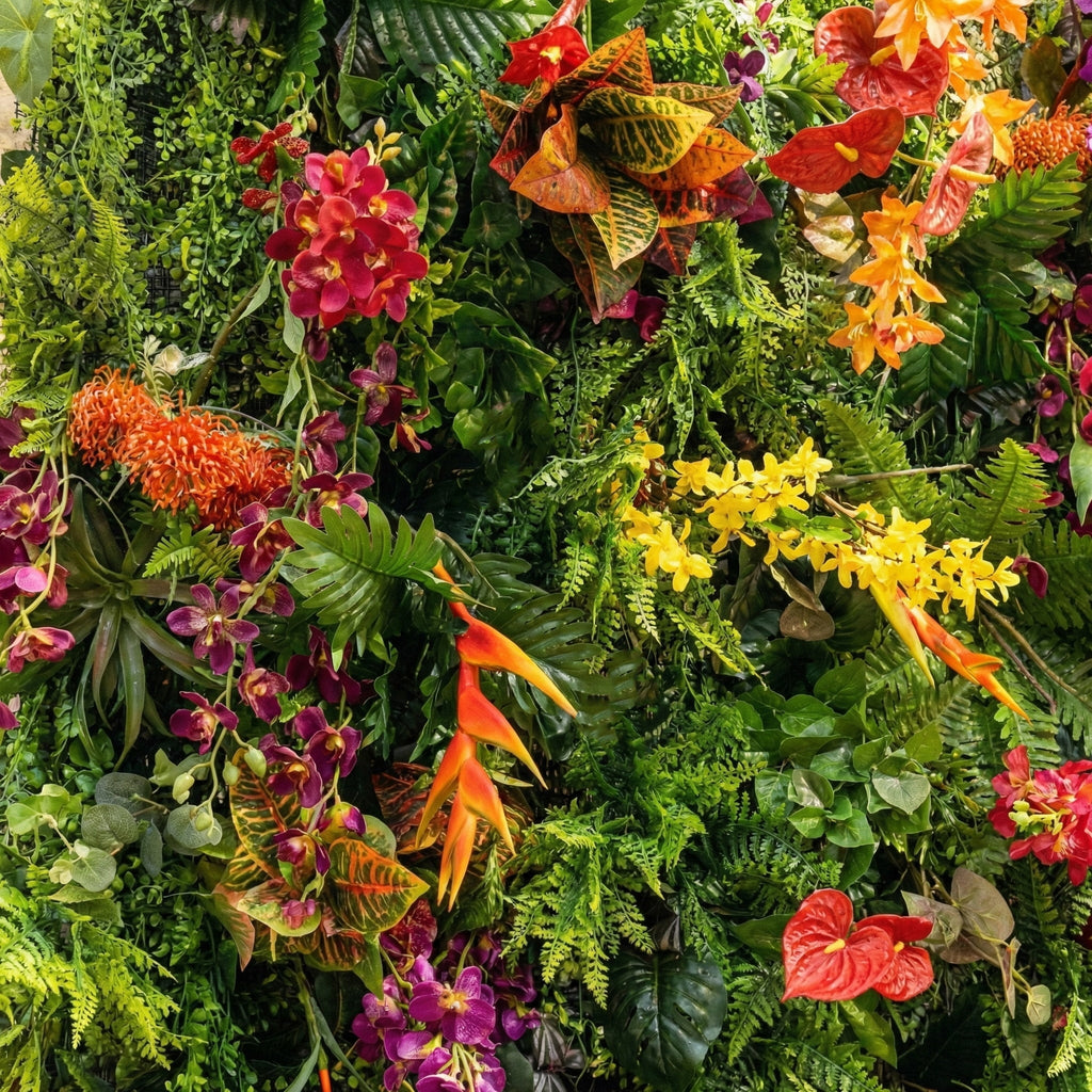 Valar Flowers Tropical Rainforest Mixed-Bloom Flower Wall Backdrop: Lush Exotic Floral & Foliage Display - VF-835