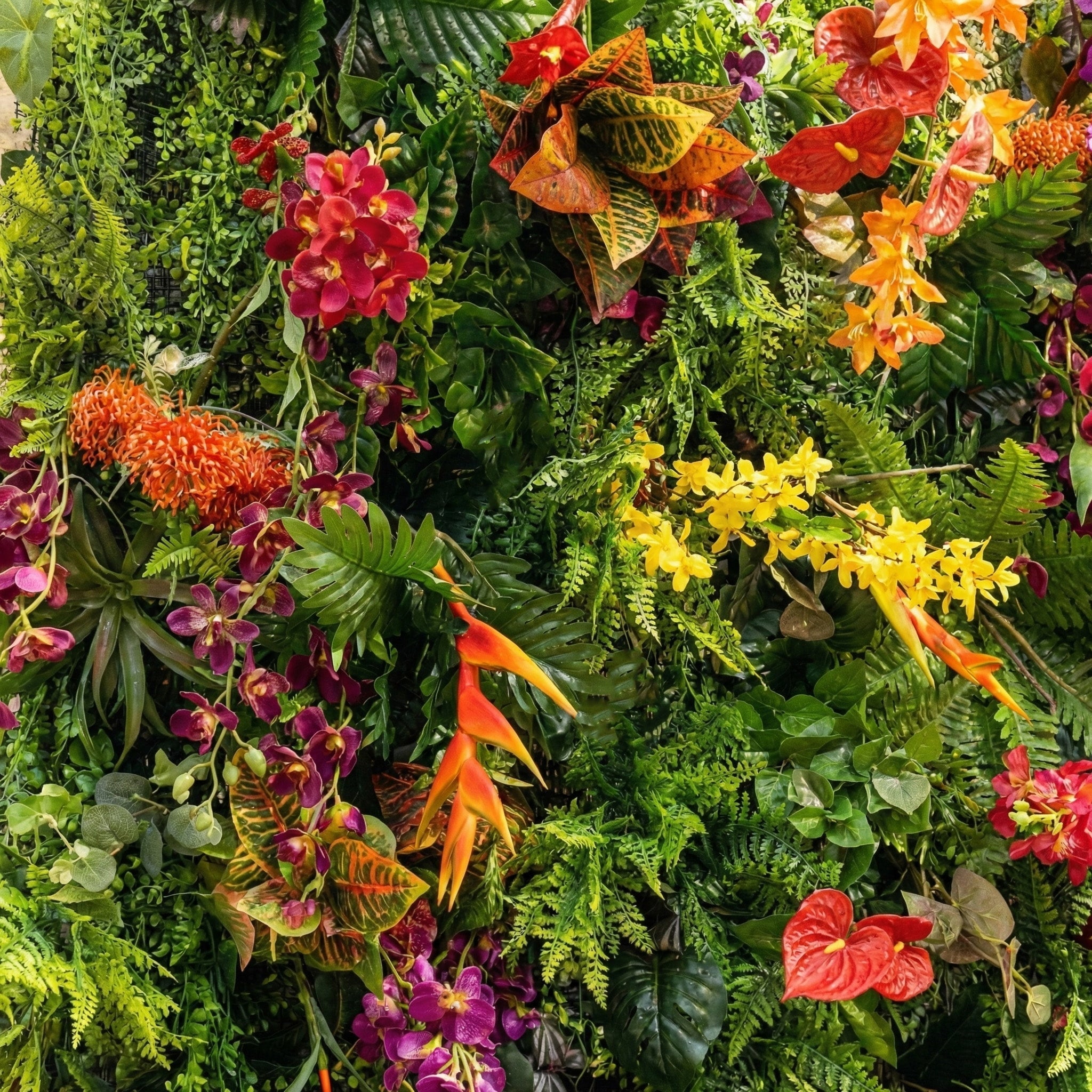 Valar Flowers Tropical Rainforest Mixed-Bloom Flower Wall Backdrop: Lush Exotic Floral & Foliage Display - VF-835