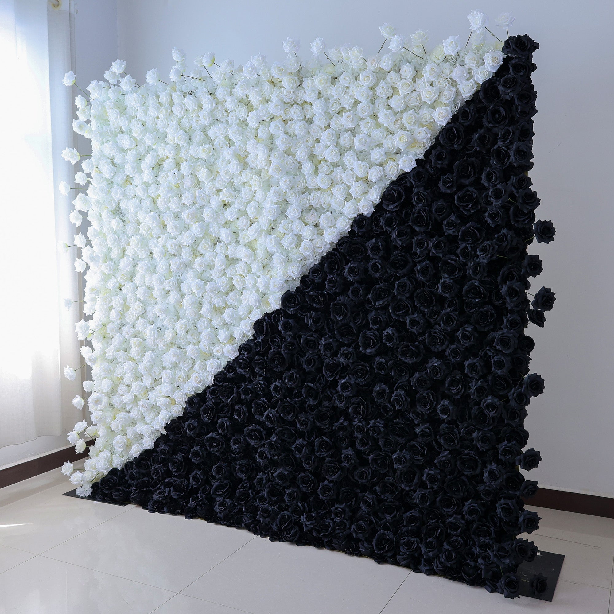 Dramatic Diagonal Split Black and White Artificial Floral Roll - Up Fabric Backdrop: A Must - Have for Prom. Graduation Party. and Event Photography - VF - 554