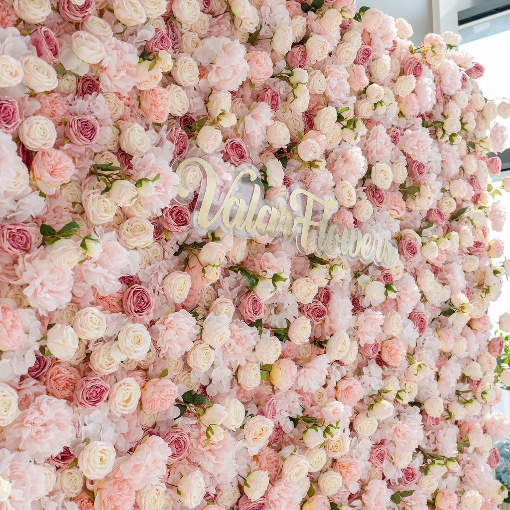 Roll Up Fabric Artificial Variety Of Pink And Cream Floral Bridal Shower Backdrop - Captivating Flowers Photography Arranged Party Event Decor-VF-503
