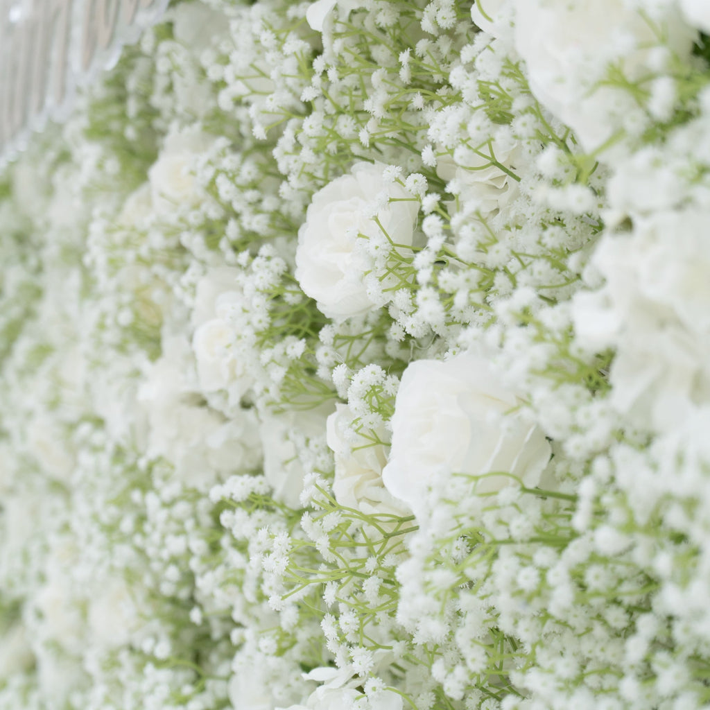 ValarFlowers Artificial Floral Wall Backdrop: Serene Meadows Artificial Floral Wall Backdrop: White Rose & Baby's Breath Edition-VF-268-2