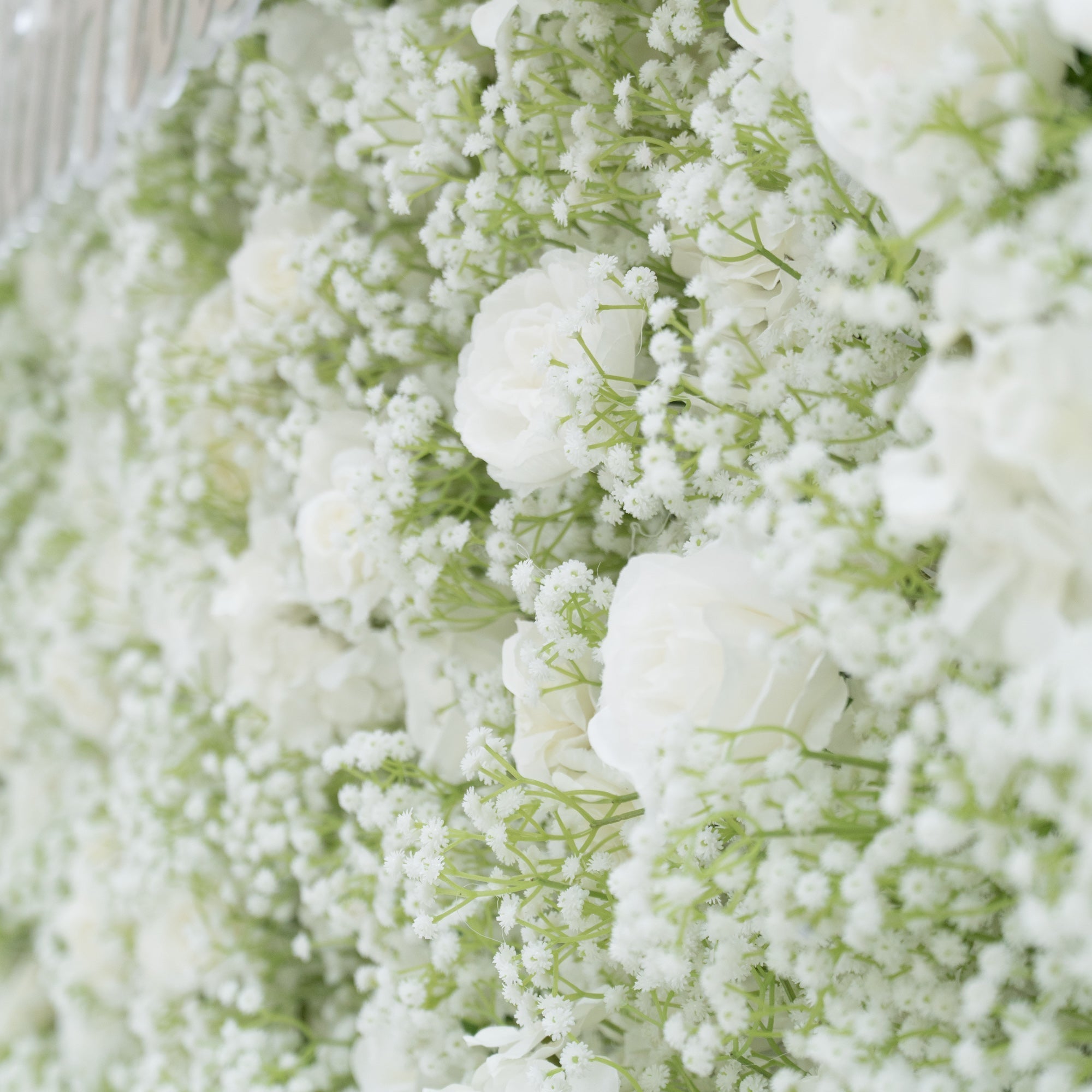 ValarFlowers Artificial Floral Wall Backdrop: Serene Meadows Artificial Floral Wall Backdrop: White Rose & Baby's Breath Edition-VF-268-2