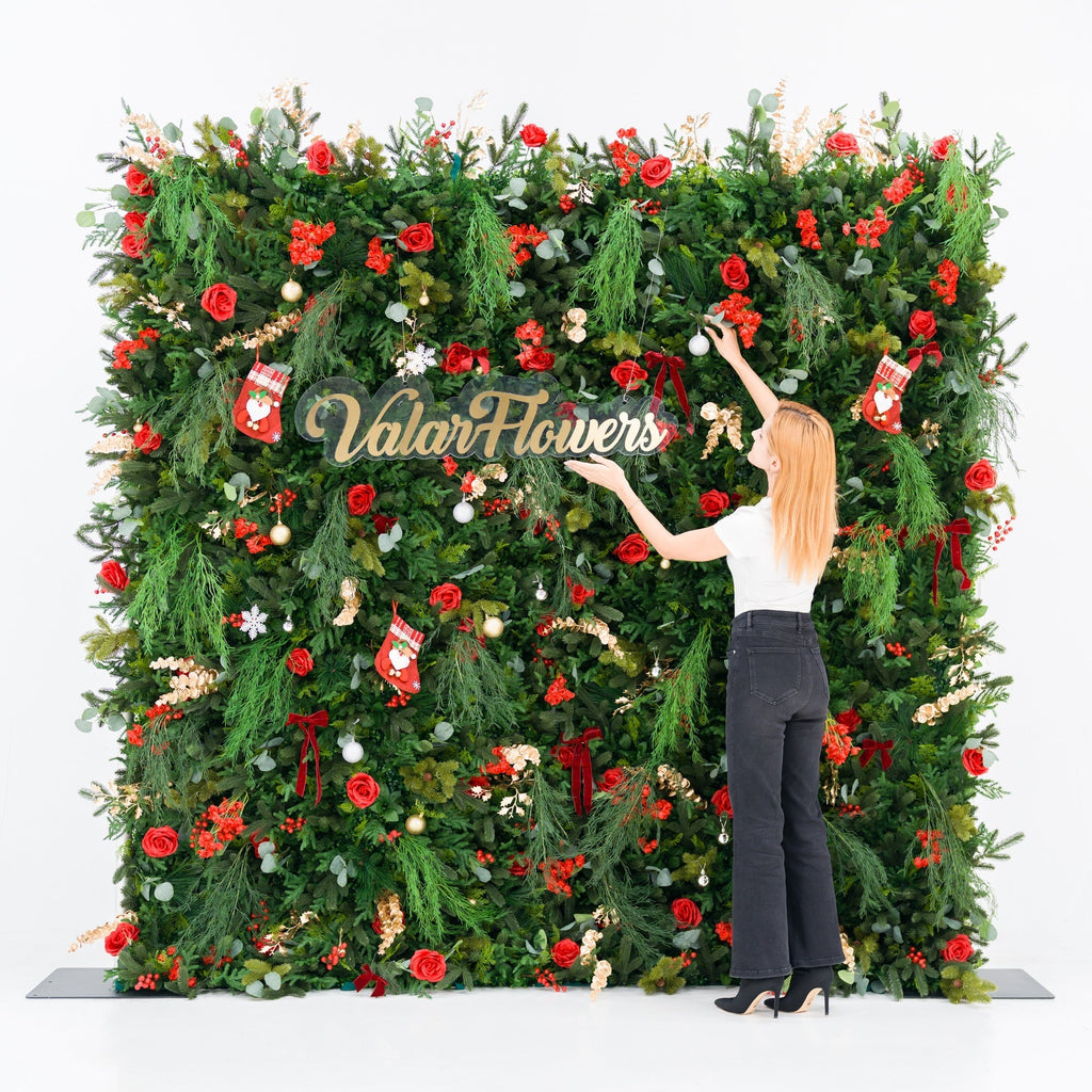 ValarFlowers Christmas Themed Floral Wall Backdrop: Festive Evergreen & Red Rose Masterpiece for Holiday Events & Decor-VF-491-2