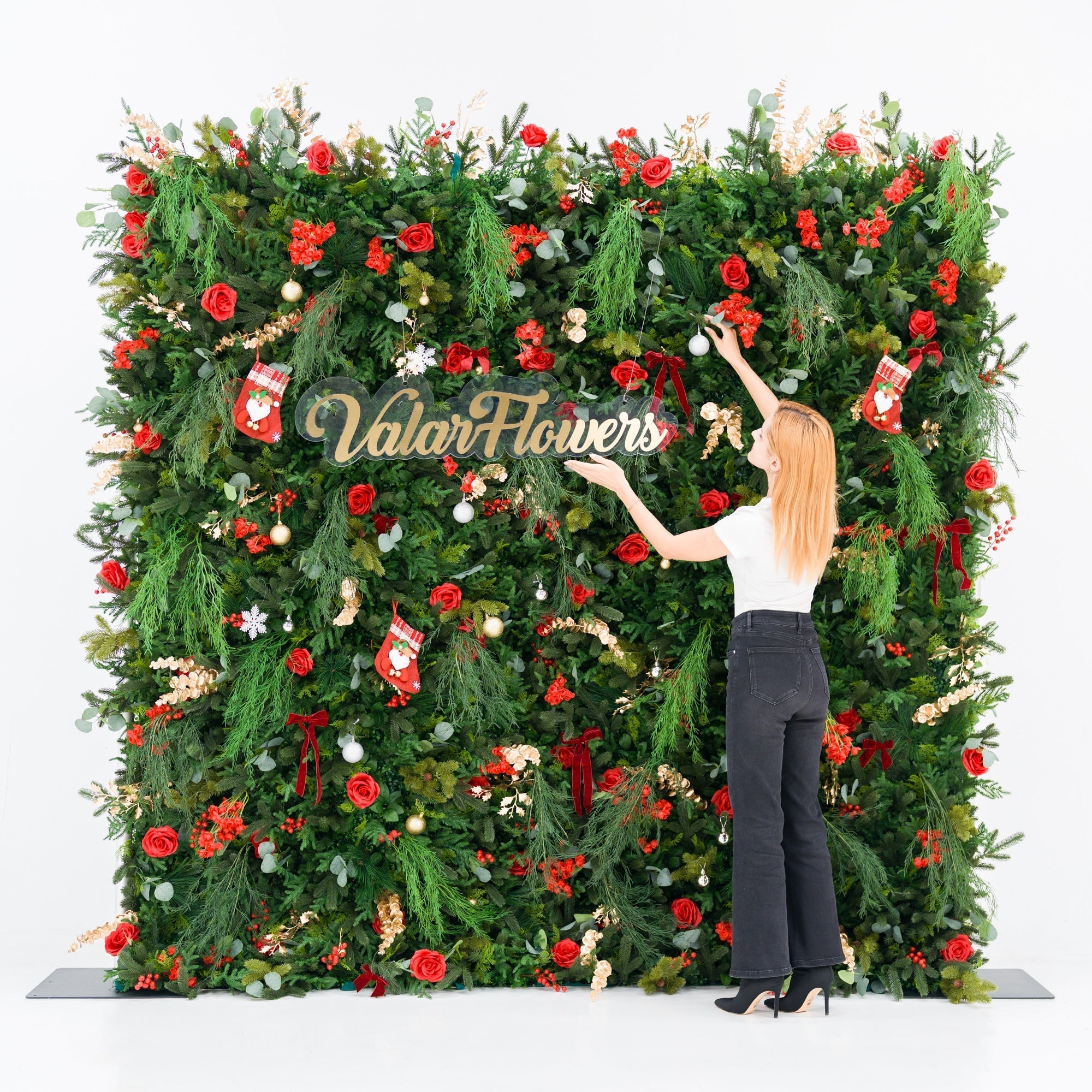ValarFlowers Christmas Themed Floral Wall Backdrop: Festive Evergreen & Red Rose Masterpiece for Holiday Events & Decor-VF-491-2