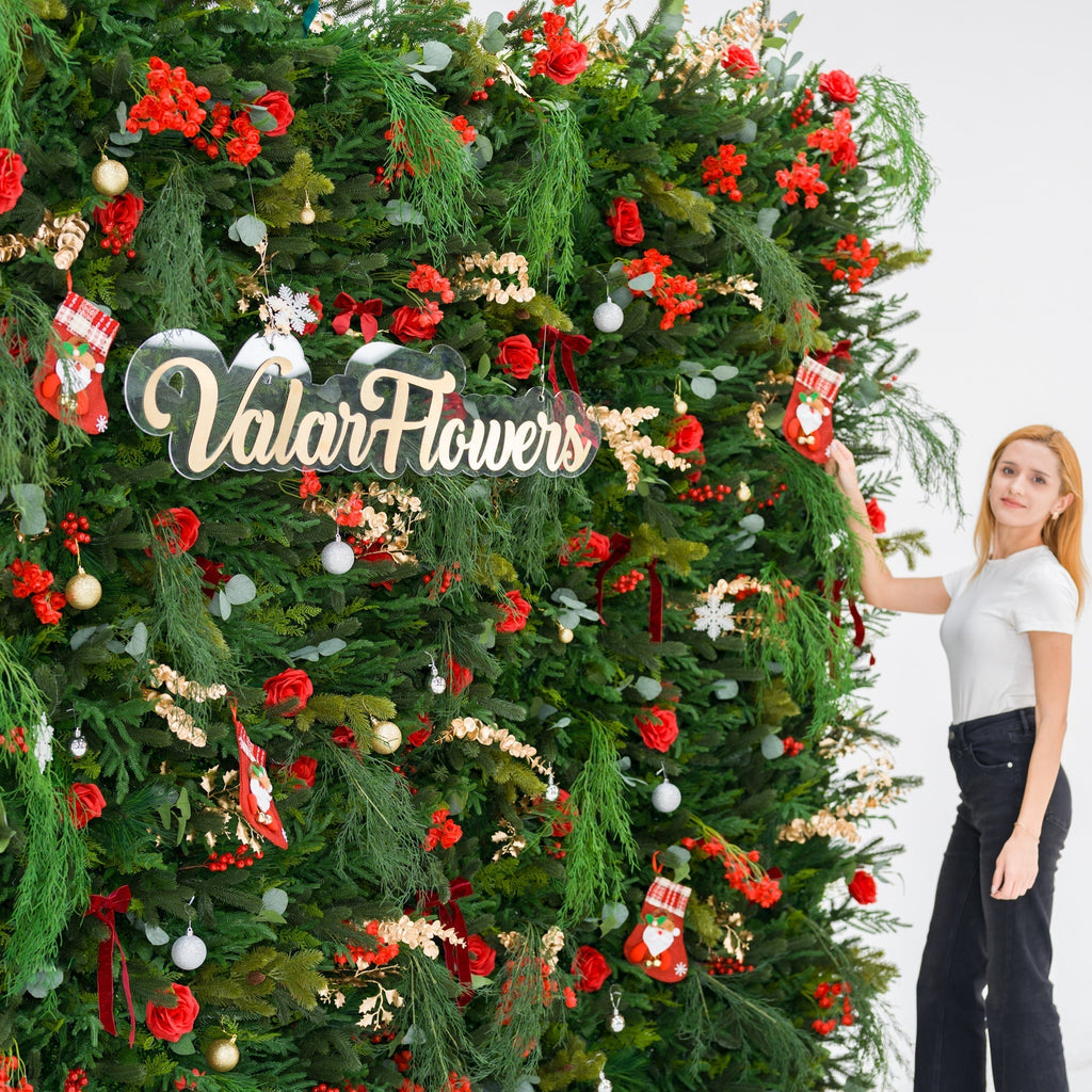 ValarFlowers Christmas Themed Floral Wall Backdrop: Festive Evergreen & Red Rose Masterpiece for Holiday Events & Decor-VF-491-2