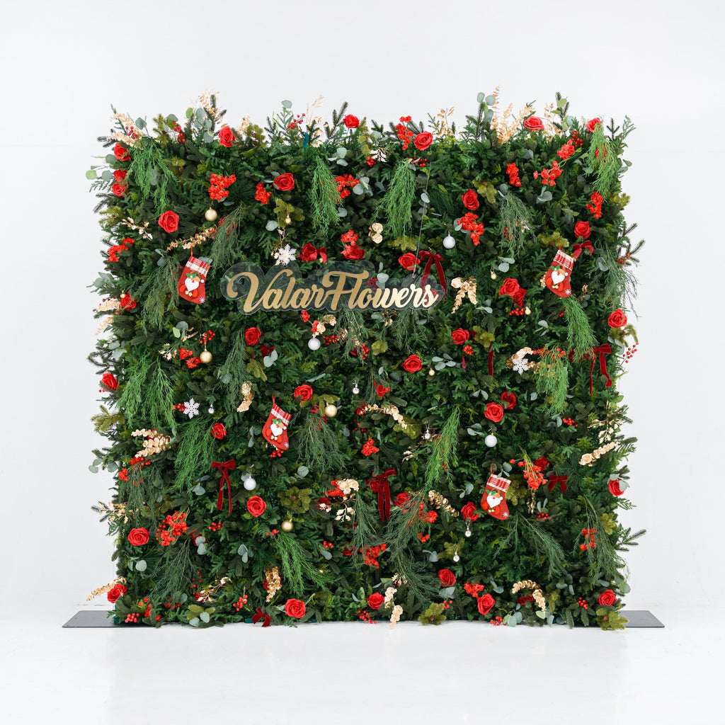 ValarFlowers Christmas Themed Floral Wall Backdrop: Festive Evergreen & Red Rose Masterpiece for Holiday Events & Decor-VF-491-2