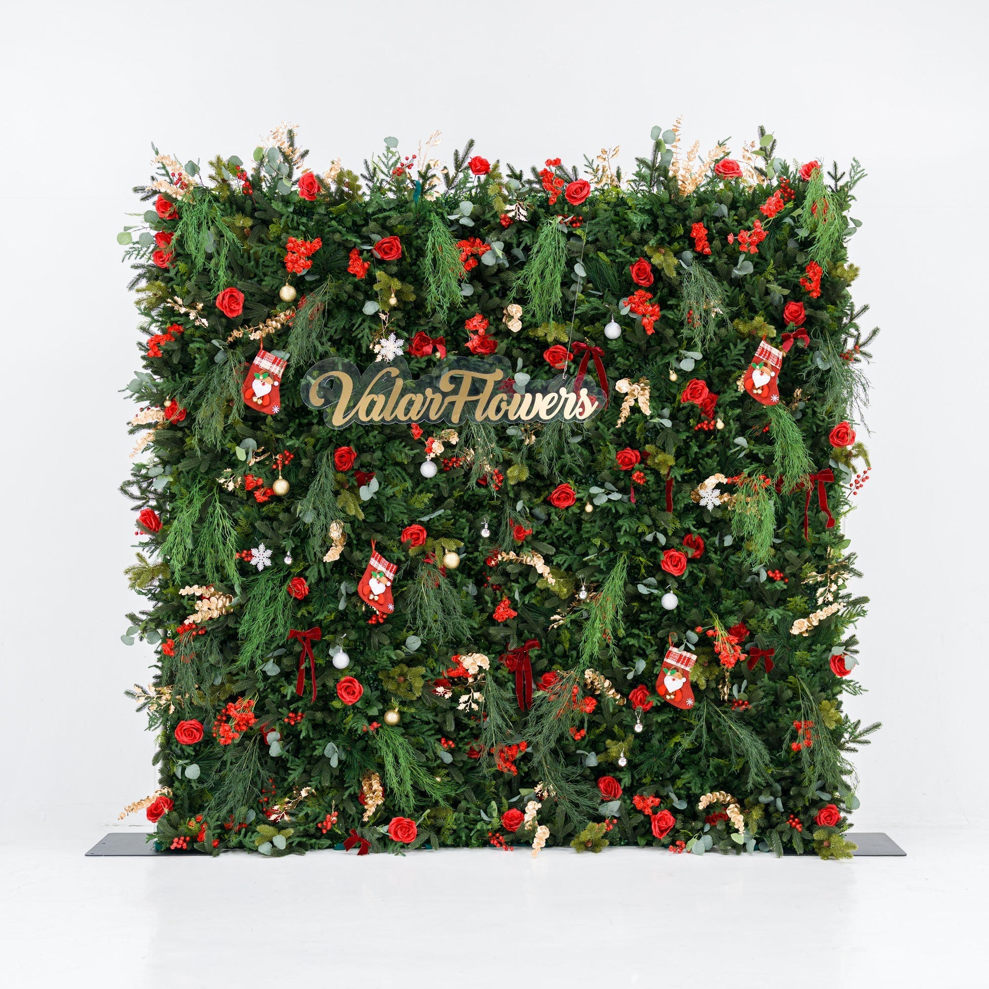 ValarFlowers Christmas Themed Floral Wall Backdrop: Festive Evergreen & Red Rose Masterpiece for Holiday Events & Decor-VF-491-2
