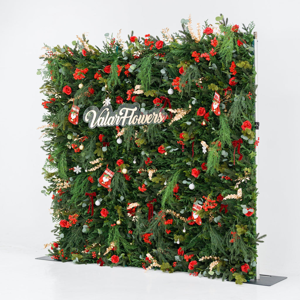 ValarFlowers Christmas Themed Floral Wall Backdrop: Festive Evergreen & Red Rose Masterpiece for Holiday Events & Decor-VF-491-2