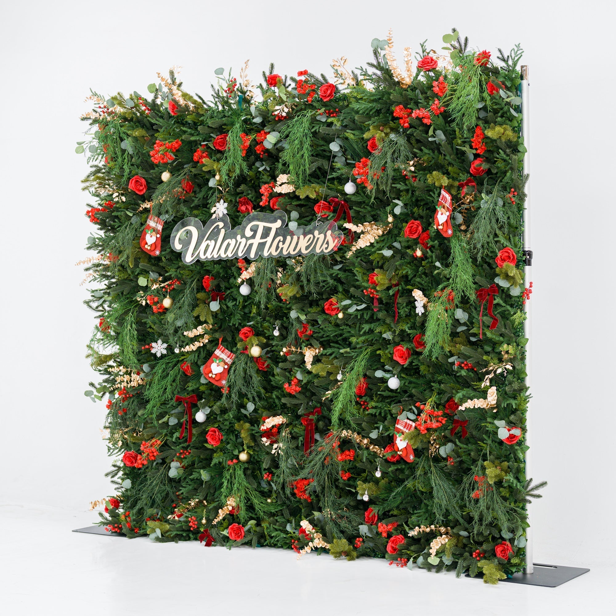 ValarFlowers Christmas Themed Floral Wall Backdrop: Festive Evergreen & Red Rose Masterpiece for Holiday Events & Decor-VF-491-2