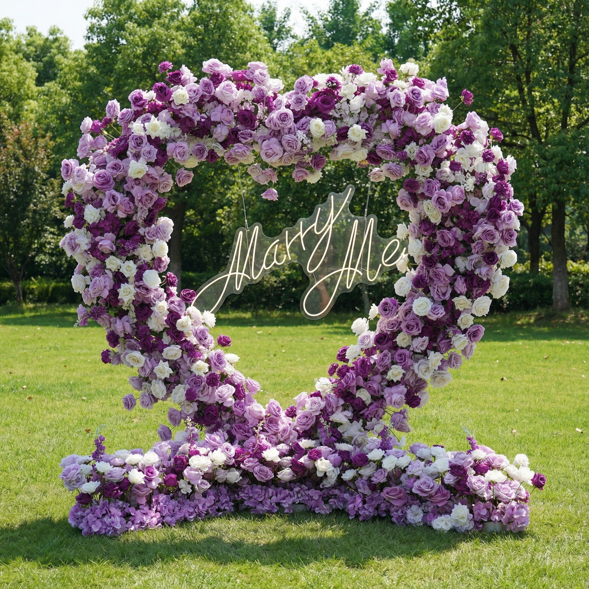 Valar Flowers Heart-Shaped Purple & White Floral Arch with Optional Marry Me LED Sign-VA-367
