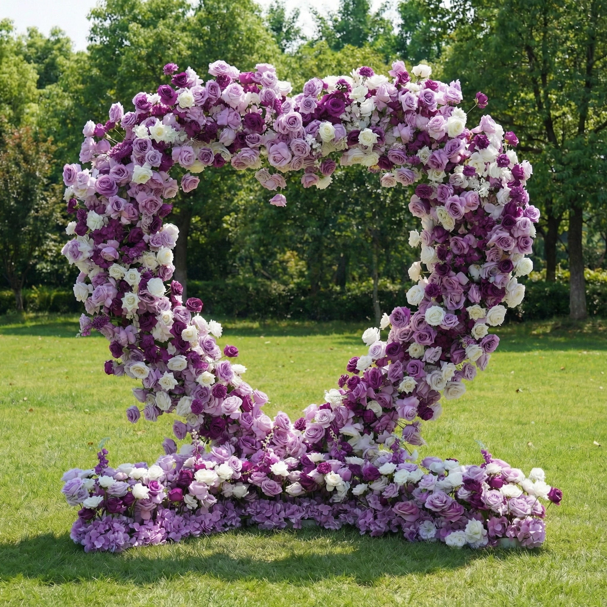 Valar Flowers Heart-Shaped Purple & White Floral Arch with Optional Marry Me LED Sign-VA-367