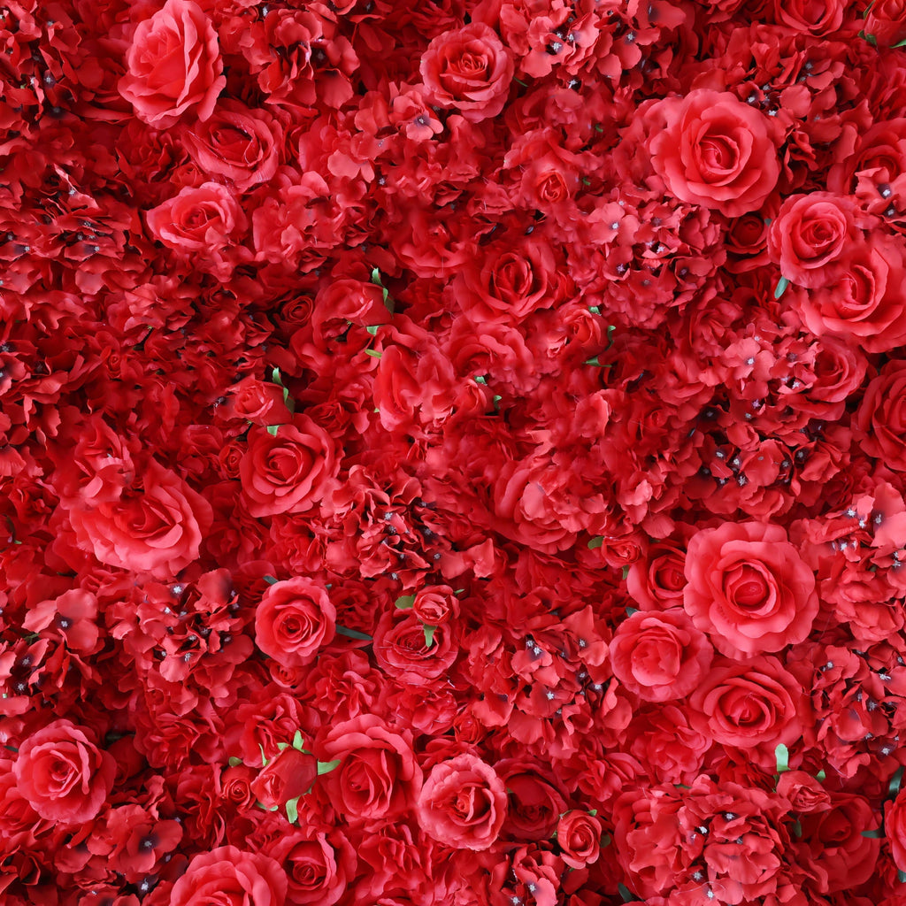 Valar Flowers Presents: Red Blossom Bliss – A Dense Array of Roses in an Artificial Fabric Flower Wall-VF-157-3