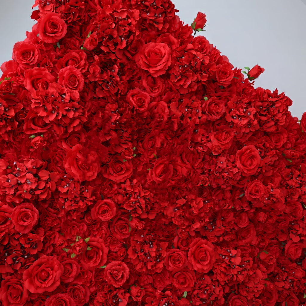 Valar Flowers Presents: Red Blossom Bliss – A Dense Array of Roses in an Artificial Fabric Flower Wall-VF-157-3