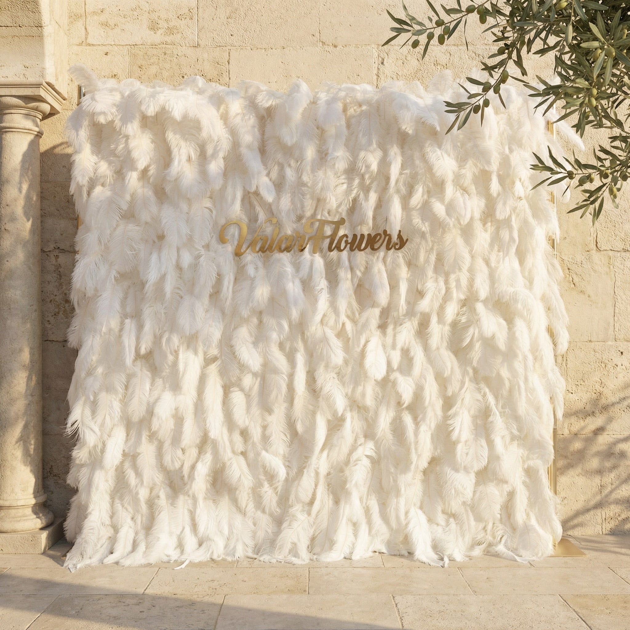 ValarFlowers Artificial Floral Wall Backdrop: Celestial White Feather Dreamscape - The Ethereal Whisper Collection for Luxurious Weddings and Events-VF-164-White